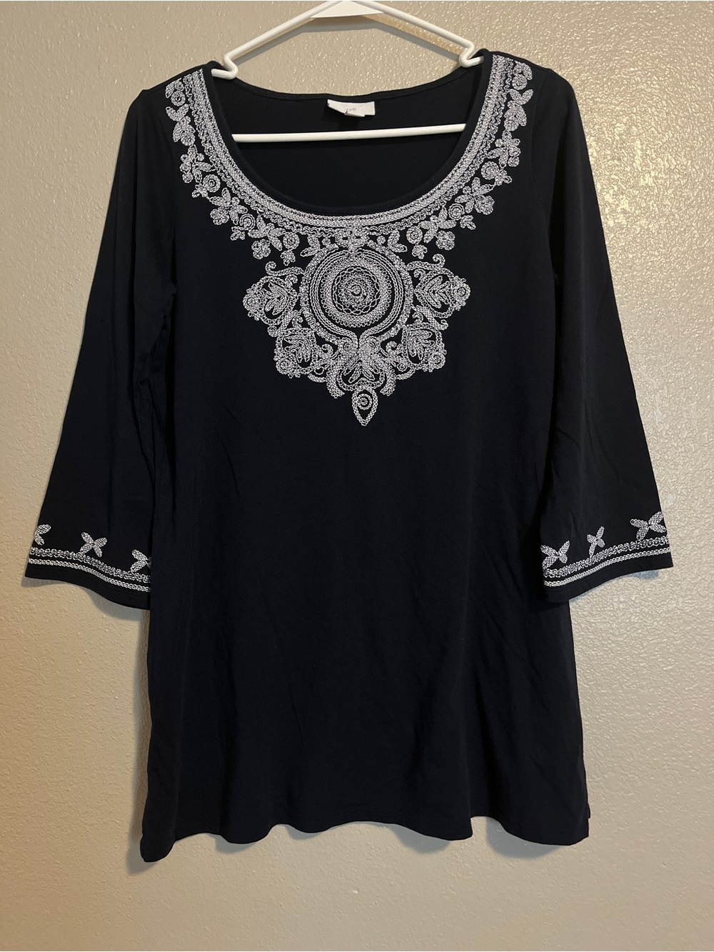 J. Jill Black Tunic with White Embroidered Yoke and Cuffs